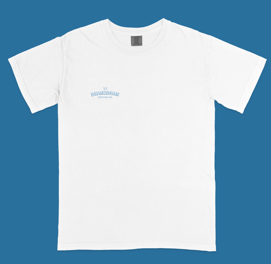 Inspired by vintage coffee advertising and newspaper design. Choose between Comfort Colors white or ivory short-sleeve T-shirt. DESIGNER: Hannah Kneisley PRINTER: Absurd Printworks