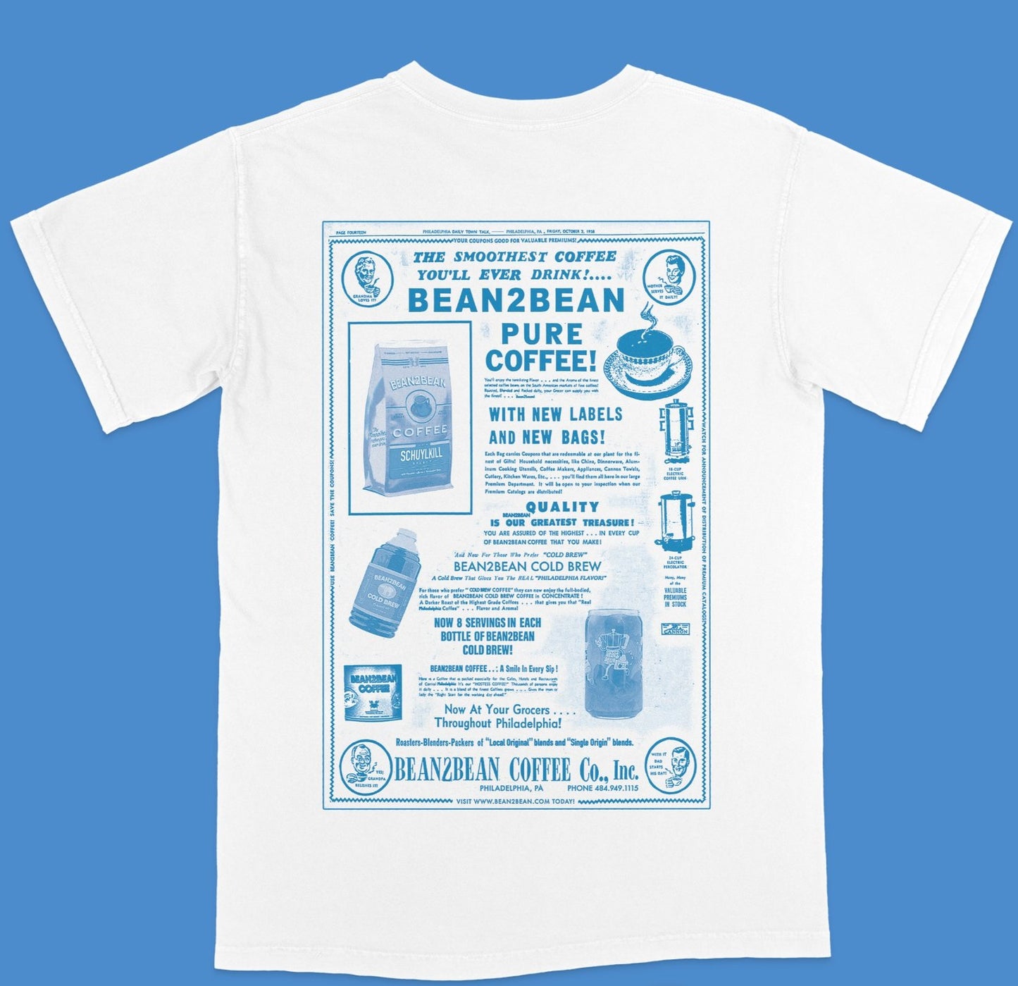 Inspired by vintage coffee advertising and newspaper design. Choose between Comfort Colors white or ivory short-sleeve T-shirt. DESIGNER: Hannah Kneisley PRINTER: Absurd Printworks