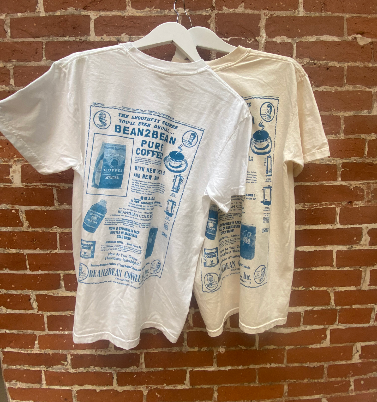 Inspired by vintage coffee advertising and newspaper design. Choose between Comfort Colors white or ivory short-sleeve T-shirt. DESIGNER: Hannah Kneisley PRINTER: Absurd Printworks