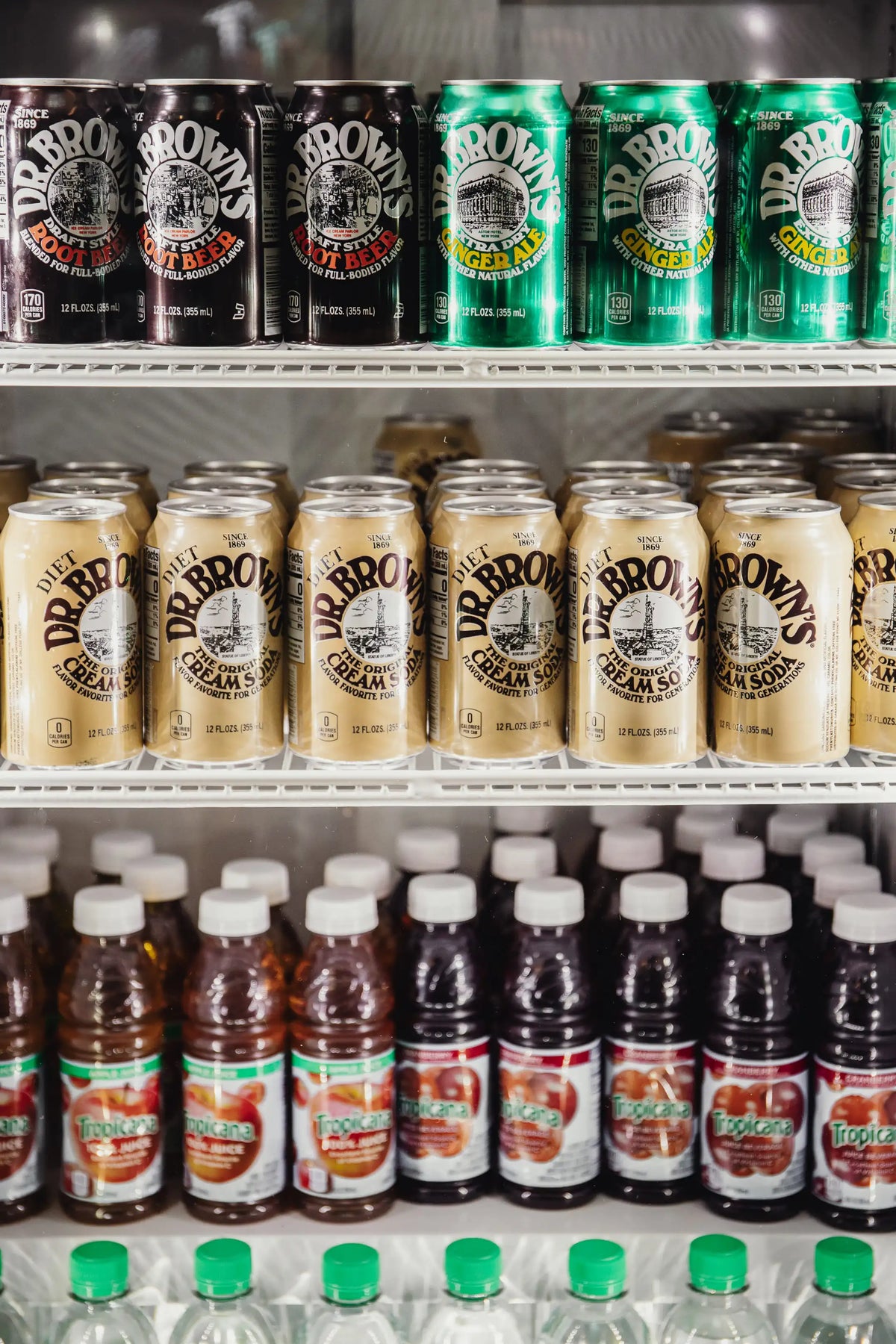 Shelf displaying various cans and bottles of Dr. Brown's products.