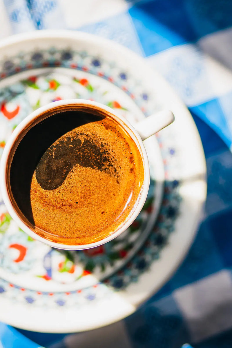 Close-up of a Bean2Bean coffee turkish style on a colorful background