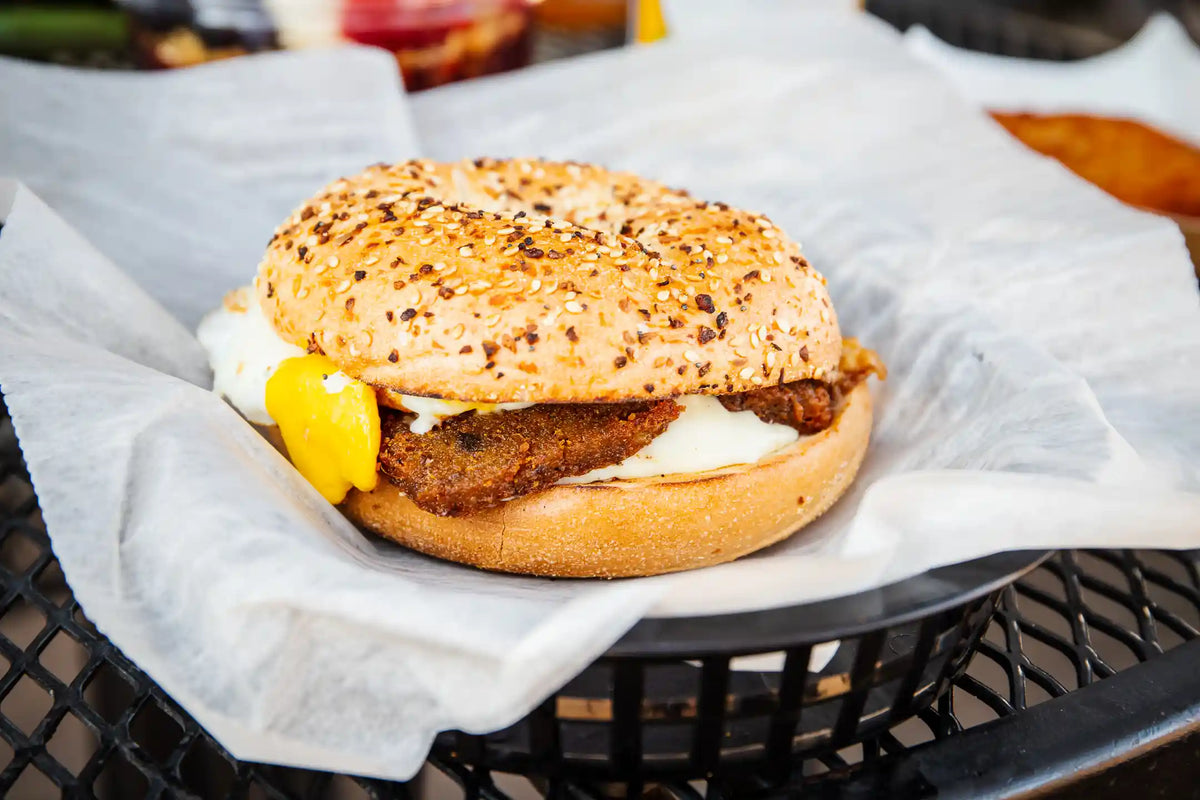 Breakfast sandwich in an everything bagel