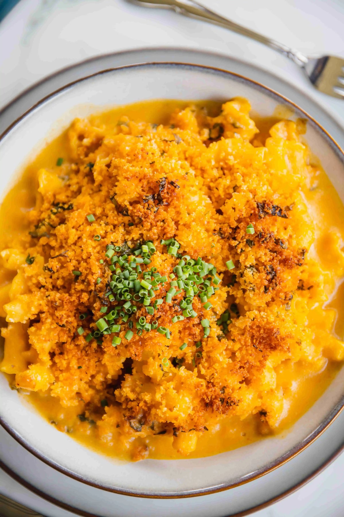 breadcrumb crusted mac and cheese homestyle on a white plate