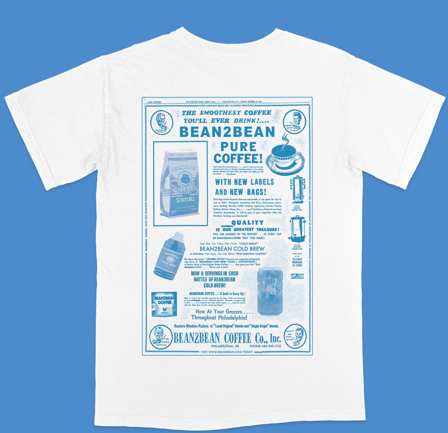 Inspired by vintage coffee advertising and newspaper design. Choose between Comfort Colors white or ivory short-sleeve T-shirt. DESIGNER: Hannah Kneisley PRINTER: Absurd Printworks