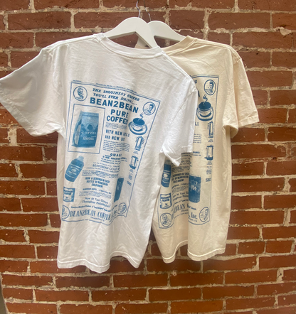 Inspired by vintage coffee advertising and newspaper design. Choose between Comfort Colors white or ivory short-sleeve T-shirt. DESIGNER: Hannah Kneisley PRINTER: Absurd Printworks