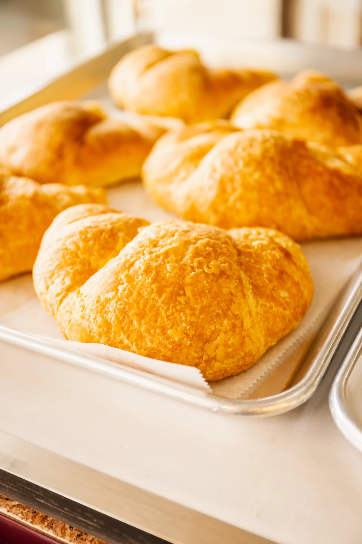 Freshly baked croissants on a baking tray.