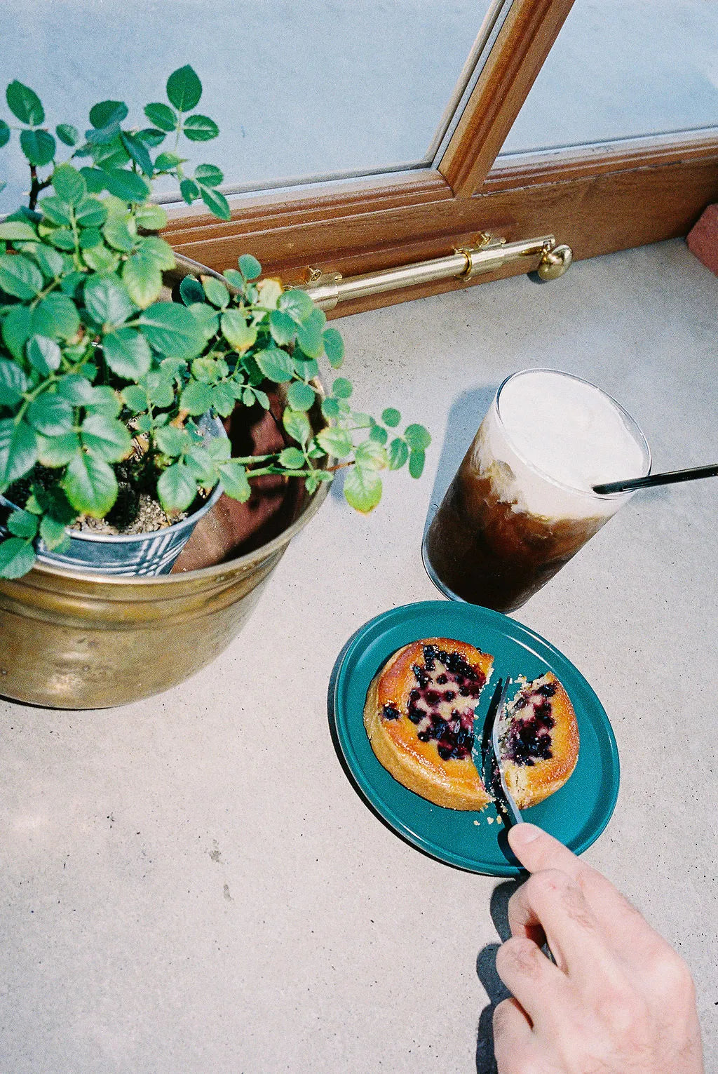 Person cutting into a dessert on a blue plate with a plant and a cup of coffee in the background.